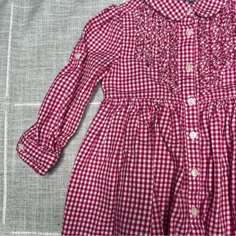 Ralph Lauren 12 Months Pink White Gingham Plaid Dress Long‎ Sleeves Roll Tab